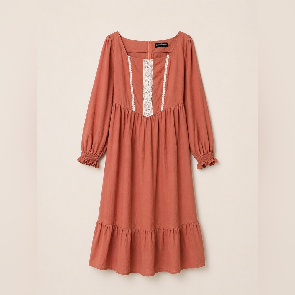 Rust Peasant Midi Dress with Lace Panel